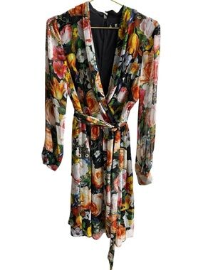 Leslie Fay Black Floral Wrap Dress with Multicolor Blooms